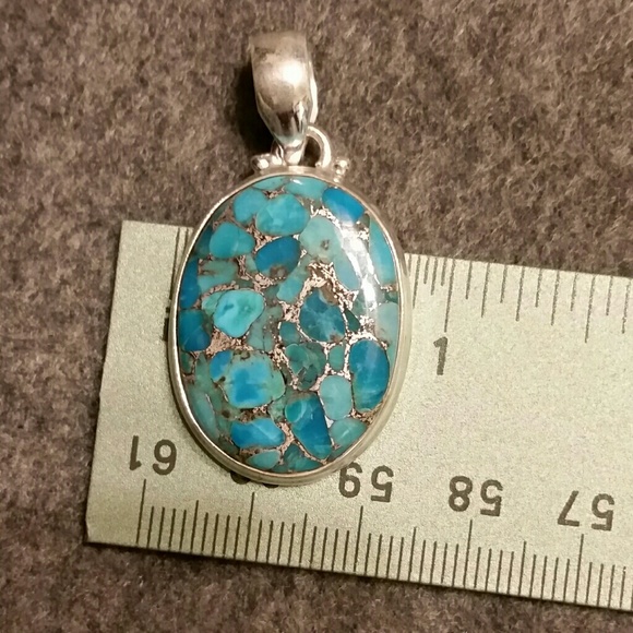925 Silver Wide Oval Copper Blue Turquoise Pendant - Picture 7 of 7